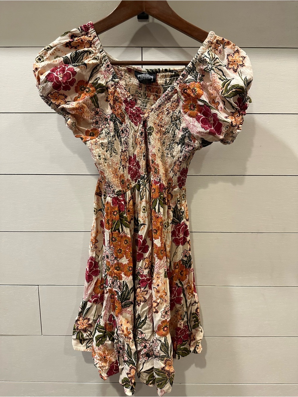 Angie Women’s Floral Puff-Sleeve Smocked Mini Dress - size Medium